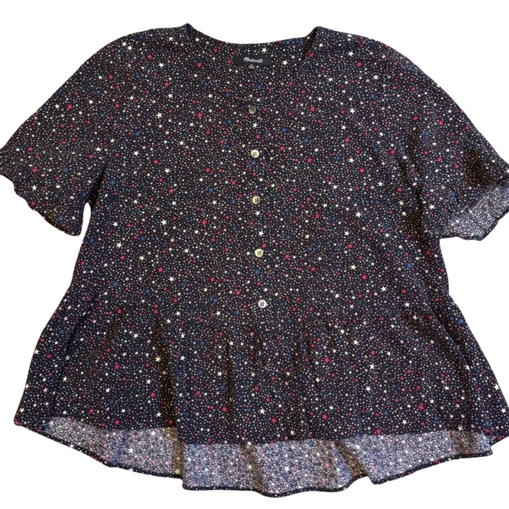 Madewell Star Print Peplum Blouse Size Medium Navy Red White Button Front